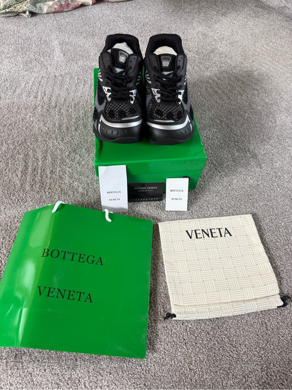 Bottega Veneta Men’s Black and Silver Mesh Runner Sneakers